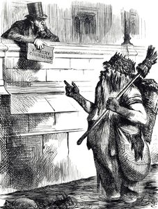Cartoon commenting on the dirtiness of the Thames and the investigations into bribery during elections at Great Yarmouth, Reigate and Lancaster by John Tenniel