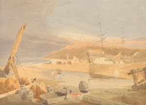 Shore Scene with Sailing Ship at Quay by John Thirtle