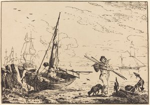 Marine: Fishing Boats on Shore, Man with Oars, Ship in Distance by John Thomas Serres