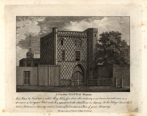 A curious gate in variegated brickwork called St John Gate, the oldest house in Stepney