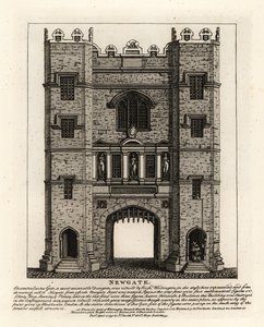 Newgate, rebuilt in 1672 after the Fire of London, with three figures Justice, Fortitude and Prudence from the former gate built by Mayor of London Richard Whittington by John Thomas Smith