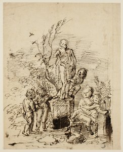 Children Playing near Statue in Garden