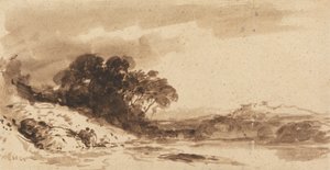 River Landscape with Two Figures, Lake and Distant Mountains by John Varley