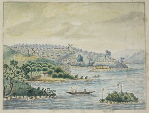 A view of a British colony. In the foreground, natives in a canoe, from a Journal kept on board the Minerva transport, from Ireland to New South Wales and Bengal, by John Washington Price