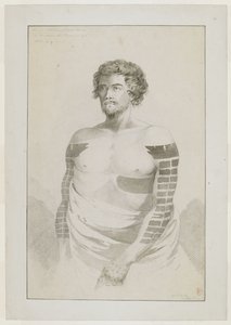 Portrait of a Chief of Borabora; a Bearded Man with Arms Heavily Tattooed with Flat Rectangular Patches, and a Large Patch on His Left Side. December 1777 by John Webber
