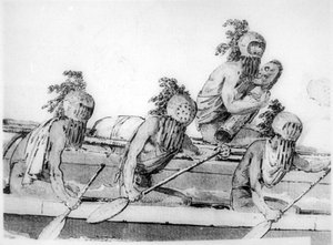 Double canoe with oarsmen, Hawaii