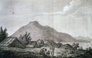 Inside hippah on island of Motuara, based on drawing by John Webber, from account of last voyage of James Cook by John Webber