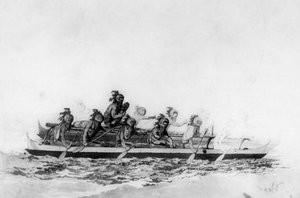 Masked Hawaiians in a double canoe