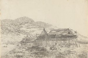 The Balagans or Summer Habitations, with the Method of Drying Fish, at St. Peter and Paul, Kamtschatka by John Webber