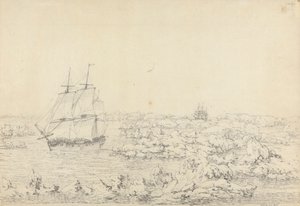 The Resolution Beating through the Ice, with the Discovery in the Most Eminent Danger in the Distance by John Webber