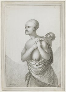 A Tasmanian woman carrying a child on her back, with a skin slung from her left shoulder about her waist. January 1777 by John Webber