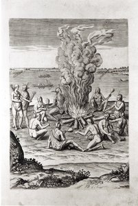 Indians praying around a fire, engraving from Hariot