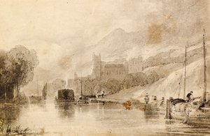 River Scene with Barges and Ruined Castle by John Wilson Ewbank
