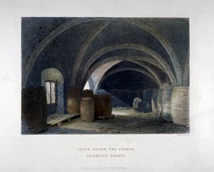 Crypt filled with barrels under the chapel at Lambeth Palace, London by John Wykeham Archer