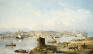 An Extensive View of Lisbon on the River Tejo with the Praca do Terreiro do Paco, the Old Cathedral and the Castelo de S. Jorge by John or Giovanni Schranz