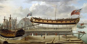A sixth-rate ship (sixth rate), a British Royal Navy warship, in dry dock, the shipyard is probably that of Rotherhite, on the south bank of the Thames (England) by John the Elder Cleveley