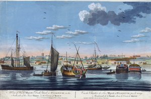 View of the royal docks at Woolwich, on the left bank of the Thames, in County Kent. Etching in colors by John Clevely the Younger