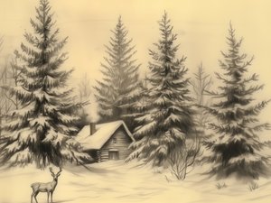 Peaceful Winter Cabin Deer