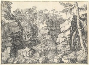 A Waterfall between Rocky Cliffs