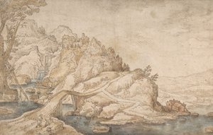 Hilly Landscape with River, Bridge and Houses with Two Figures at Left by Joos de Momper the Younger.