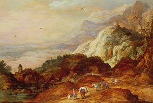 A Mountainous Landscape with Figures and Mules by Joos or Josse de Momper