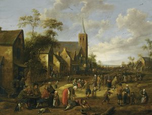 A Busy Village Street with Numerous Figures, Peasants Eating and Drinking at a Table in Foreground, a Church Tower Beyond by Joost Cornelisz Droochsloot