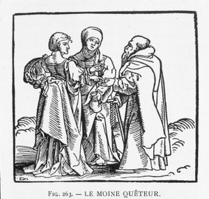 The Quetter Monk: wood engraving by Jörg Breu, forming the title of a booklet in the spirit of the Reformation published around 1522 in Augsburg: Friendly conversation between a carme, from the province of Austria, and a handmaid
