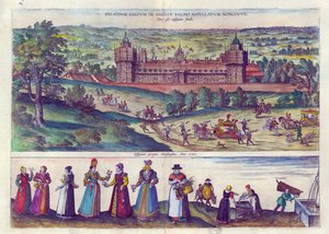 Arrival of Queen Elizabeth I at Nonesuch Palace and Men and Women from Tudor Society, 1598 by Joris Hoefnagel