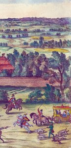 Courtiers and Hunting Dogs Accompanying the Arrival of Queen Elizabeth I at Nonsuch Palace (detail) by Joris Hoefnagel