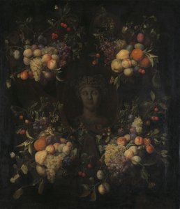 Simulated Sculpted Head of a Woman in a Cartouche Decorated with Swags of Fruit