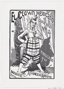 A clown standing with one hand on his hip and an elephant peering out from behind by José Guadalupe Posada