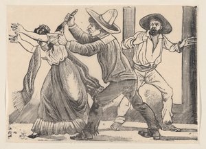 A man grabbing a woman by her sleeve and stabbing her, from a broadside entitled 