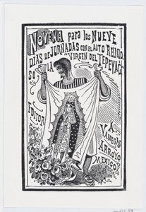 A Man Holding Up a Piece of Fabric with an Image of the Virgin by José Guadalupe Posada