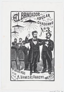A man raising his glass with a group of men sitting at a table in the background by José Guadalupe Posada