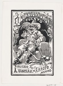 A Man with Weapons and a Pipe in His Mouth Flanked by Two Skeletons, Illustration, ca. 1880-1910 by José Guadalupe Posada