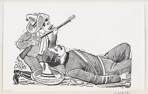A revolutionary holding a rifle and kneeling to protect a fallen revolutionary, c. 1880-1910 by José Guadalupe Posada