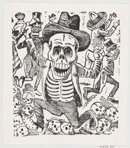 A skeleton holding a bone and leaping over a pile of skulls while people flee by José Guadalupe Posada