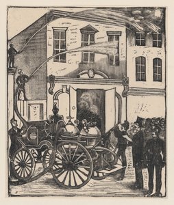 Firefighters Putting Out a Fire in a House, Firetruck in Foreground, ca. 1880-1910 by José Guadalupe Posada
