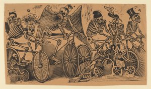 Skeletons Calaveras Riding Bicycles by José Guadalupe Posada