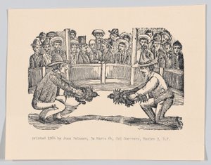 Two men in an arena holding cocks in preparation for a fight, ca 1890-1910 reprinted 1964 by José Guadalupe Posada