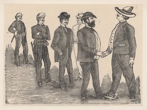 Two men shaking hands in the foreground and officers watching them in the background