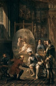 Charles V Picking Up the Brush of Painter Titian. Painting by Jose Felipe Parra (1824-1864) by Jose Felipe Parra