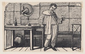 A man with a glass in his hand looking downwards and leaning on a table, an illustration from 