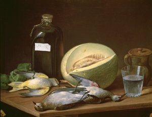 Still Life with Melon and Birds by Jose Lopez Enguidanos