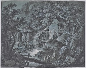Mill in a Forest Landscape with Several People and a Giant by Josef Abel