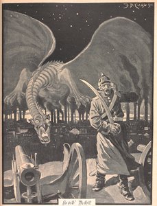 Drawing for the poem "Like Night". A dragon being produced by the smoke from factories, behind a German soldier. A surreal scene.