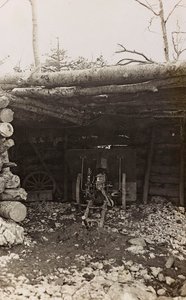 Shack with cannon (b/w photo)