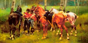 Group of Hussars and Horses in the Forest