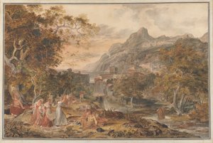 View of Vietri with Young Country Women Dancing for Shepherds in the Foreground by Joseph Anton Koch