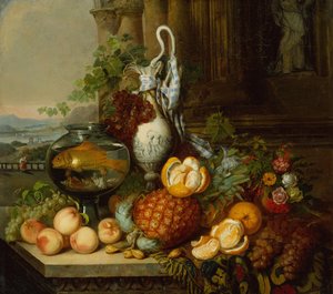 Still Life with Fruit, Fishbowl and Landscape by Joseph Biays Ord